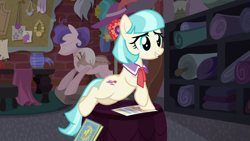 Size: 1280x720 | Tagged: safe, screencap, coco pommel, earth pony, pony, g4, made in manehattan, cocobetes, cute, female, flyer, scrapbook, sitting, smiling, solo