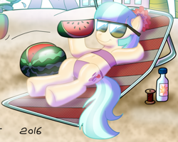 Size: 2656x2125 | Tagged: safe, artist:lars99, coco pommel, zephyr breeze, earth pony, pony, g4, 2016, bandeau, beach, beach chair, bikini, chair, clothes, cropped, duo, female, food, high res, mare, midriff, relaxing, signature, solo focus, spool, summer, sunglasses, suntan lotion, swimsuit, watermelon