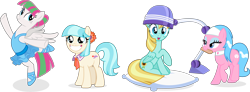 Size: 11873x4347 | Tagged: safe, artist:punzil504, aloe, blossomforth, coco pommel, helia, earth pony, pegasus, pony, g4, absurd resolution, alternate hairstyle, ballerina, bipedal, cocobetes, cute, female, file, hair dryer, mare, simple background, smiling, standing, standing on one leg, transparent background, twilight sparkle day, vector