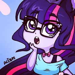 Size: 640x640 | Tagged: safe, artist:ameliacostanza, sci-twi, twilight sparkle, equestria girls, g4, blue background, bowtie, bra, bra strap, clothes, cute, female, glasses, open mouth, sci-twiabetes, simple background, solo, twiabetes, underwear