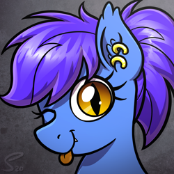 Size: 1200x1200 | Tagged: safe, artist:selenophile, oc, oc only, oc:evening lily, bat pony, pony, :p, avatar, bat pony oc, bust, cute, ear piercing, fangs, female, looking at you, mare, one eye closed, piercing, ponytail, portrait, tongue out, wink