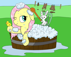 Size: 2000x1600 | Tagged: safe, artist:amateur-draw, angel bunny, fluttershy, pegasus, pony, g4, 90s grunge fluttershy, baseball cap, bathtub, brushing, bubble, cap, clothes, female, floppy ears, hat, mare, mud, one eye closed, rubber duck, shirt, simple background, skirt, solo, wet, wet mane