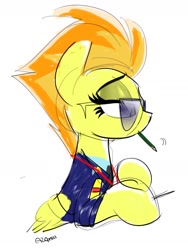 Size: 1053x1403 | Tagged: dead source, safe, artist:azamiii, spitfire, pegasus, pony, g4, clothes, featured image, female, lidded eyes, mare, mouth hold, pencil, pencil in mouth, simple background, solo, sunglasses, translated in the comments, uniform, white background, wonderbolts dress uniform