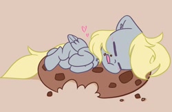 Size: 2048x1335 | Tagged: safe, artist:kittyrosie, derpy hooves, pegasus, pony, g4, blushing, chest fluff, cute, derpabetes, ear fluff, eating, eyes closed, female, floating heart, giant cookie, heart, mare, messy eating, simple background, sleeping, solo