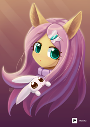 Size: 1000x1407 | Tagged: safe, artist:howxu, angel bunny, fluttershy, anthro, g4, bust, clothes, cute, duo, looking at you, open mouth, portrait, shyabetes, sweater, sweatershy, turtleneck
