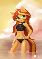 Size: 1000x1407 | Tagged: safe, artist:howxu, sunset shimmer, anthro, equestria girls, g4, adorasexy, beach, beach shorts swimsuit, belly button, bikini, breasts, busty sunset shimmer, clothes, cloud, cute, female, hand on hip, ocean, sexy, shimmerbetes, skinny, sky, solo, standing in water, summer sunset, sunset shimmer's beach shorts swimsuit, swimsuit, thin, water