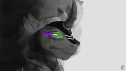 Size: 1920x1080 | Tagged: safe, artist:sorajona, king sombra, pony, unicorn, g4, armor, black hair, bust, clothes, colored horn, curved horn, grayscale, green eyes, grey fur, horn, king, looking sideways, monochrome, painting, portrait, solo, sombra empire, sombra eyes, sombra horn, wallpaper