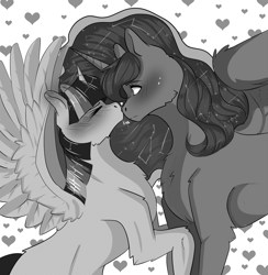 Size: 1512x1550 | Tagged: safe, artist:reikoku-huntress, princess luna, twilight sparkle, alicorn, pony, g4, black and white, blushing, constellation, constellation hair, cute, doujin, ethereal mane, female, floating heart, gray background, grayscale, heart, kissing, lesbian, lunabetes, manga, mare, monochrome, nose kiss, ship:twiluna, shipping, shy, simple background, smol, spread wings, starry mane, tall, twiabetes, wings