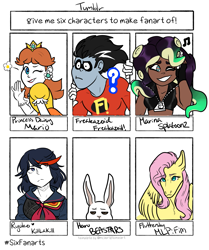 Size: 1715x2048 | Tagged: safe, artist:drawuni, fluttershy, human, octoling, pegasus, pony, rabbit, anthro, g4, animal, anthro with ponies, beastars, bust, clothes, crossover, dark skin, female, freakazoid, grin, haru (beastars), kill la kill, male, mare, marina (splatoon 2), one eye closed, princess daisy, ryuko matoi, six fanarts, smiling, splatoon, splatoon 2, super mario bros., wink