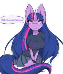 Size: 3000x3536 | Tagged: safe, artist:daniefox, twilight sparkle, unicorn, anthro, g4, 2018, big breasts, breasts, busty twilight sparkle, clothes, female, high res, milestone, shirt, simple background, skirt, solo, transparent background, unicorn twilight