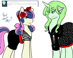 Size: 1280x1024 | Tagged: safe, artist:azure-doodle, bon bon, sweetie drops, oc, oc:merriweather, pony, unicorn, ask merriweather, g4, ask, clothes, female, mare, sexually confused lyra