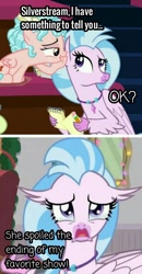 Size: 837x1607 | Tagged: safe, edit, edited screencap, screencap, cozy glow, silverstream, g4, crying, pure concentrated unfiltered evil of the utmost potency, pure unfiltered evil, sad