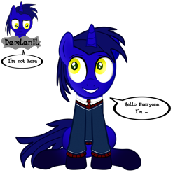 Size: 3564x3612 | Tagged: safe, artist:damlanil, oc, oc only, oc:damlanil, pony, unicorn, breaking the fourth wall, clothes, cute, front view, high res, horn, male, show accurate, simple background, sitting, smiling, solo, stallion, transparent background, uniform, vector
