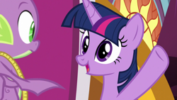 Size: 1920x1080 | Tagged: safe, screencap, spike, twilight sparkle, alicorn, dragon, pony, g4, the ending of the end, measuring tape, throne, twilight sparkle (alicorn), winged spike, wings