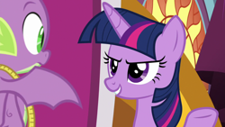 Size: 1920x1080 | Tagged: safe, screencap, spike, twilight sparkle, alicorn, dragon, pony, g4, the ending of the end, measuring tape, throne, twilight sparkle (alicorn), winged spike, wings