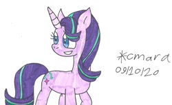 Size: 1224x750 | Tagged: safe, artist:cmara, starlight glimmer, pony, unicorn, g4, female, grin, mare, raised hoof, simple background, smiling, solo, traditional art, white background
