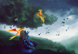 Size: 1500x1050 | Tagged: safe, artist:skyeypony, oc, oc only, oc:flint, phoenix, pony, unicorn, rain, solo, tree