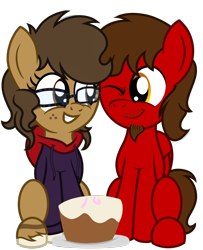 Size: 1300x1600 | Tagged: safe, artist:toyminator900, oc, oc only, oc:binky, oc:chip, hybrid, pegasus, pony, zony, birthday, birthday cake, cake, clothes, duo, facial hair, food, freckles, gift art, glasses, hoodie, one eye closed, simple background, transparent background, unshorn fetlocks, wink