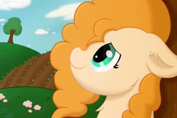 Size: 1024x683 | Tagged: safe, artist:exobass, pear butter, earth pony, pony, g4, buttercup, farm, fields, flower, happy, smiling, tree