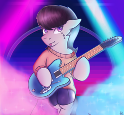 Size: 3128x2914 | Tagged: safe, artist:legionsunite, octavia melody, earth pony, semi-anthro, g4, :p, arm hooves, clothes, compression shorts, electric guitar, female, gradient background, guitar, high res, mare, musical instrument, out of character, solo, stage, stage light, sweater, tongue out
