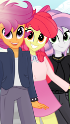 Size: 1080x1920 | Tagged: safe, artist:sallyso, apple bloom, scootaloo, sweetie belle, equestria girls, g4, alternate hairstyle, apple bloom's bow, belt, bow, clothes, cloud, cutie mark crusaders, female, goldie delicious' shawl, grin, hair bow, hoodie, jacket, jeans, leather jacket, male, older, older apple bloom, older cmc, older scootaloo, older sweetie belle, open mouth, pants, shawl, shirt, skirt, sky, smiling, spiked wristband, t-shirt, trans male, transgender, wristband