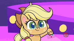 Size: 1667x927 | Tagged: safe, screencap, applejack, earth pony, pony, g4.5, my little pony: pony life, sportacular spectacular musical musak-ular, breaking the fourth wall, cute, female, hoof hold, jackabetes, remote, solo