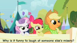 Size: 520x293 | Tagged: safe, edit, edited screencap, screencap, apple bloom, applejack, sweetie belle, earth pony, pony, robot, unicorn, friendship is witchcraft, g4, sisterhooves social, animated, balloon, bandana, caption, female, flag, neigh soul sister, sweetie bot, talking, text