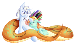 Size: 1916x1169 | Tagged: source needed, safe, artist:cha-squared, oc, oc only, oc:chieftess muyal, oc:yiazmat, lamia, original species, pony, snake, snake pony, unicorn, cute, duo, feather, female, hairdress, headdress, jewelry, male, necklace, scar, simple background, smiling, snuggling, transparent background