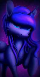 Size: 1116x2116 | Tagged: safe, artist:itssim, princess luna, alicorn, pony, g4, cheek fluff, female, light, looking at you, mare, raised hoof, reflection, smiling, smiling at you, solo, three quarter view