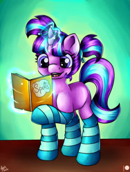 Size: 2102x1582 | Tagged: safe, artist:appleneedle, starlight glimmer, pony, unicorn, g4, alternate hairstyle, clothes, cook, cute, female, filly, filly starlight glimmer, glimmerbetes, glowing horn, hoof hold, horn, levitation, magic, magic aura, open mouth, patreon, patreon reward, pigtails, raised hoof, reading, socks, solo, striped socks, telekinesis, younger