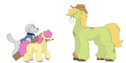 Size: 1280x640 | Tagged: safe, artist:itstechtock, li'l cheese, oc, oc:ginger gold, oc:smoky quartz, diamond dog, earth pony, pony, g4, female, filly, male, mare, mouth hold, offspring, parent:applejack, parent:trouble shoes, parents:troublejack, simple background, stallion, transparent background, wrench