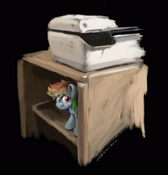 Size: 3230x3367 | Tagged: safe, artist:rigbyh00ves, rainbow dash, pony, g4, black background, female, hide and seek, high res, looking at you, mare, printer, shelf, simple background, smiling, solo