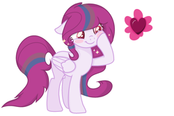 Size: 1826x1222 | Tagged: safe, artist:blurryface213, artist:klewgcg, oc, oc only, oc:blossoming heart, pegasus, pony, base used, blush sticker, blushing, colored pupils, female, floppy ears, heart, looking down, mare, pegasus oc, simple background, smiling, solo, white background, wings