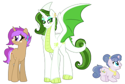 Size: 1826x1224 | Tagged: safe, artist:zafara1222, oc, oc:malachite, oc:pastiche, oc:radiance, dracony, dragon, hybrid, pony, unicorn, female, filly, interspecies offspring, magical lesbian spawn, mare, offspring, parent:coco pommel, parent:rarity, parent:spike, parent:trenderhoof, parents:marshmallow coco, parents:sparity, parents:trenderity, simple background, transparent background