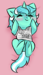 Size: 2203x3874 | Tagged: safe, artist:fluffleart, lyra heartstrings, pony, unicorn, g4, background pony, blushing, clothes, cute, eyes closed, female, high res, hnnng, l.u.l.s., lying down, lyrabetes, mare, on back, shirt, solo, t-shirt
