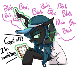 Size: 3400x3072 | Tagged: safe, artist:maren, queen chrysalis, changeling, changeling queen, pony, g4, annoyed, cellphone, dialogue, female, high res, implied princess cadance, open mouth, phone, phone call, profile, simple background, smartphone, solo, white background, working