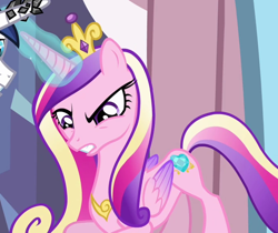 Size: 1340x1125 | Tagged: safe, screencap, princess cadance, shining armor, alicorn, pony, g4, the crystal empire, cropped, female, folded wings, glowing horn, horn, mare, solo focus, struggling, wings