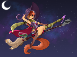 Size: 3900x2900 | Tagged: safe, artist:skitsroom, derpibooru exclusive, oc, oc only, oc:rusty gears, anthro, boots, broom, bubble helmet, clothes, clothing theft, crescent moon, flying, flying broomstick, halloween, hat, high heel boots, high heels, high res, holiday, moon, scarf, shoe dangling, shoes, slippers, sock, socks, solo, space helmet, striped socks, thigh highs, witch, witch hat