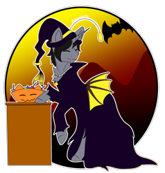 Size: 2113x2220 | Tagged: safe, artist:rcdesenhista, bat, pony, unicorn, bipedal, bipedal leaning, bowl, candy, chest fluff, clothes, commission, costume, disguise, disguised siren, eyes closed, fangs, food, halloween, halloween costume, happy, hat, high res, holiday, horn, jewelry, kellin quinn, leaning, male, necklace, ponified, simple background, sleeping with sirens, solo, stallion, transparent background, ych result
