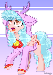 Size: 1493x2100 | Tagged: safe, artist:cloud-fly, artist:lilith1light, cozy glow, pegasus, pony, g4, alternate hairstyle, base used, bell, clothes, costume, cozybetes, cute, fangs, female, hoodie, kigurumi, older, older cozy glow, open mouth, raised hoof, solo