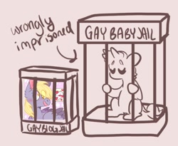 Size: 1089x893 | Tagged: safe, derpy hooves, oc, pegasus, pony, g4, abuse, derpybuse, eyes closed, female, gay baby jail, jail, mare, op is a duck, op is trying to start shit, partial color