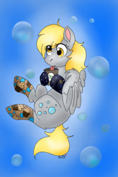 Size: 400x600 | Tagged: safe, artist:triscuit-cafe, derpy hooves, pegasus, pony, g4, :p, bubble, clothes, female, food, mare, muffin, socks, solo, tongue out