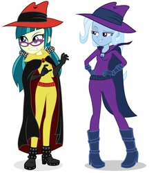 Size: 796x879 | Tagged: safe, artist:punzil504, editor:thomasfan45, juniper montage, mare do well, trixie, human, equestria girls, g4, angry, belt, boots, cape, clothes, cosplay, costume, crossover, darkwing duck, disney, ducktales, duo, duo female, female, gloves, gritted teeth, hand on hip, hat, negaduck, negamare, pigtails, shoes, simple background, smug, twintails, utility belt, vector, white background