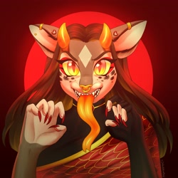 Size: 4096x4096 | Tagged: safe, artist:helemaranth, oc, oc only, demon, demon pony, original species, anthro, bust, clothes, female, horns, long tongue, nail polish, nose piercing, nose ring, piercing, sharp teeth, solo, teeth, tongue out