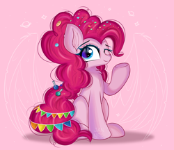 Size: 4726x4092 | Tagged: safe, artist:janelearts, pinkie pie, earth pony, pony, g4, candy, chest fluff, confetti, food, lollipop, looking at you, older, older pinkie pie, one eye closed, pennant, pink background, simple background, sitting, solo