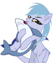 Size: 1831x2049 | Tagged: safe, artist:lazy cat, editor:bnau, oc, oc only, oc:hatii, original species, pony, shark, shark pony, :p, base used, bipedal, cuddling, female, fins, looking at you, mare, plushie, shark plushie, simple background, solo, tongue out, transparent background