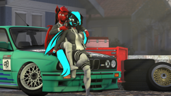 Size: 4096x2304 | Tagged: safe, artist:glitchwithahat, oc, oc only, oc:glitch, oc:runic, bat pony, anthro, 3d, anthro oc, bat pony oc, bat wings, car, clothes, duo, female, skirt, socks, source filmmaker, stance, thigh highs, wings