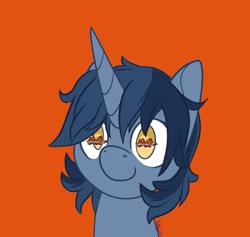Size: 1261x1195 | Tagged: safe, alternate version, artist:inkynotebook, part of a set, oc, oc only, pony, unicorn, bust, commission, horn, orange background, simple background, smiling, solo, unicorn oc, wingding eyes, ych result