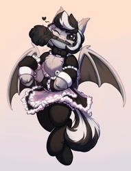 Size: 2000x2624 | Tagged: safe, artist:peachmayflower, oc, oc only, oc:oldi filmes, oc:oldis filmes, bat pony, pony, bowtie, chest fluff, clothes, commission, cute, duster, female, high res, maid, mare, mouth hold, one eye closed, solo, stockings, thigh highs, wink