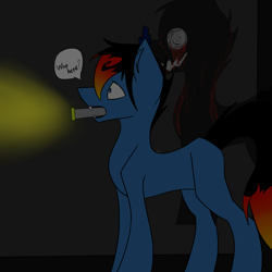Size: 3000x3000 | Tagged: safe, artist:toptian, oc, oc only, earth pony, pony, shadow pony, earth pony oc, flashlight (object), high res, male, mouth hold, stallion, talking